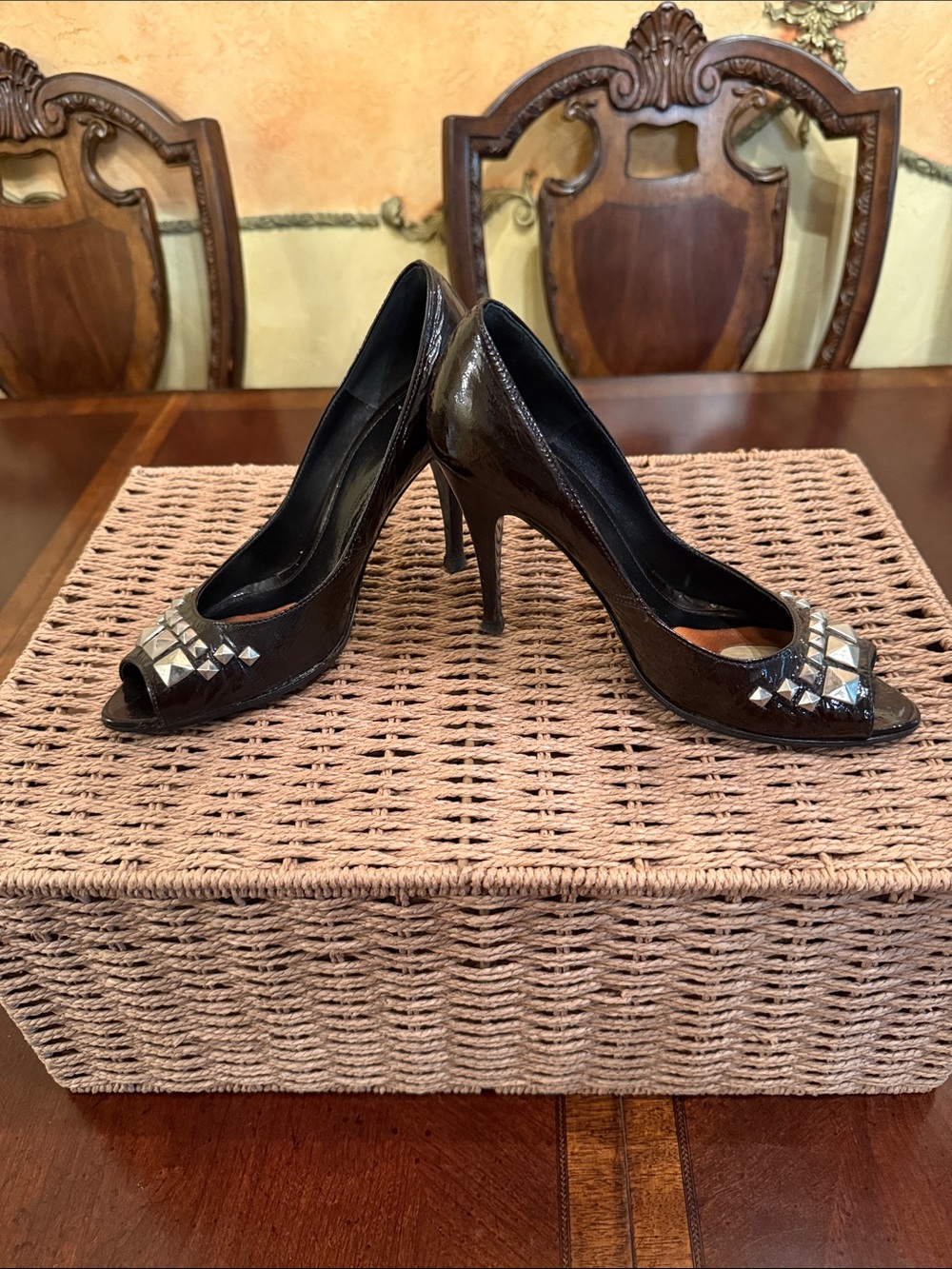 Patrizia Pepe Dark Burgundy Patent Peep-Toe Heels with Silver Stud Accents